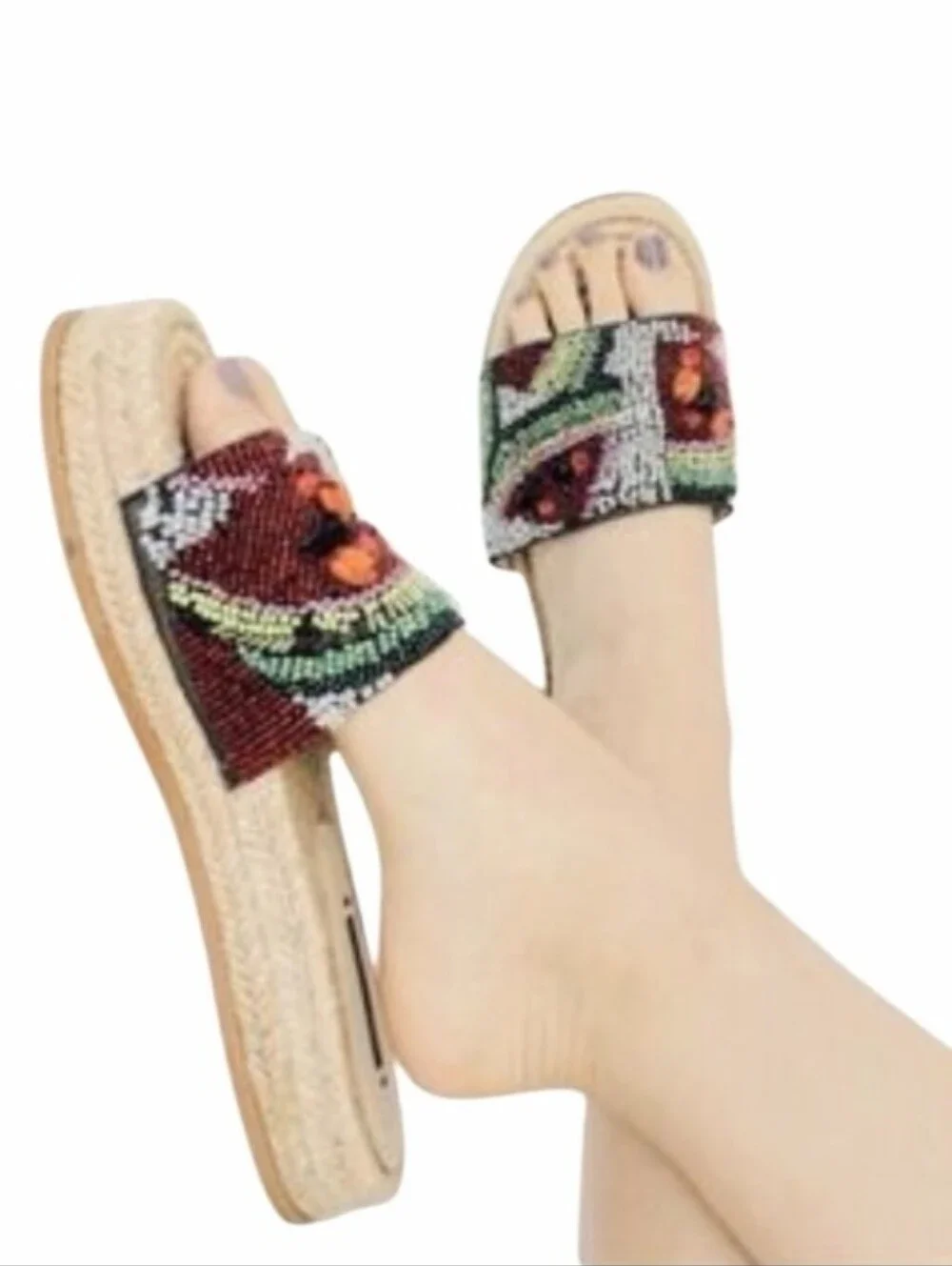 Zara Beaded Multicolor Slide Sandals Espadrille Woven Sole - Picture 3 of 14